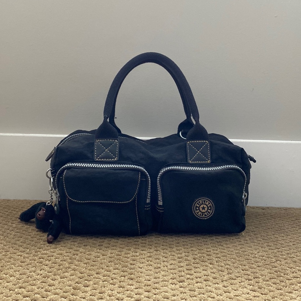 Kipling Black Nylon Satchel Bag Pocketbook Purse Silver Hardware Excellent